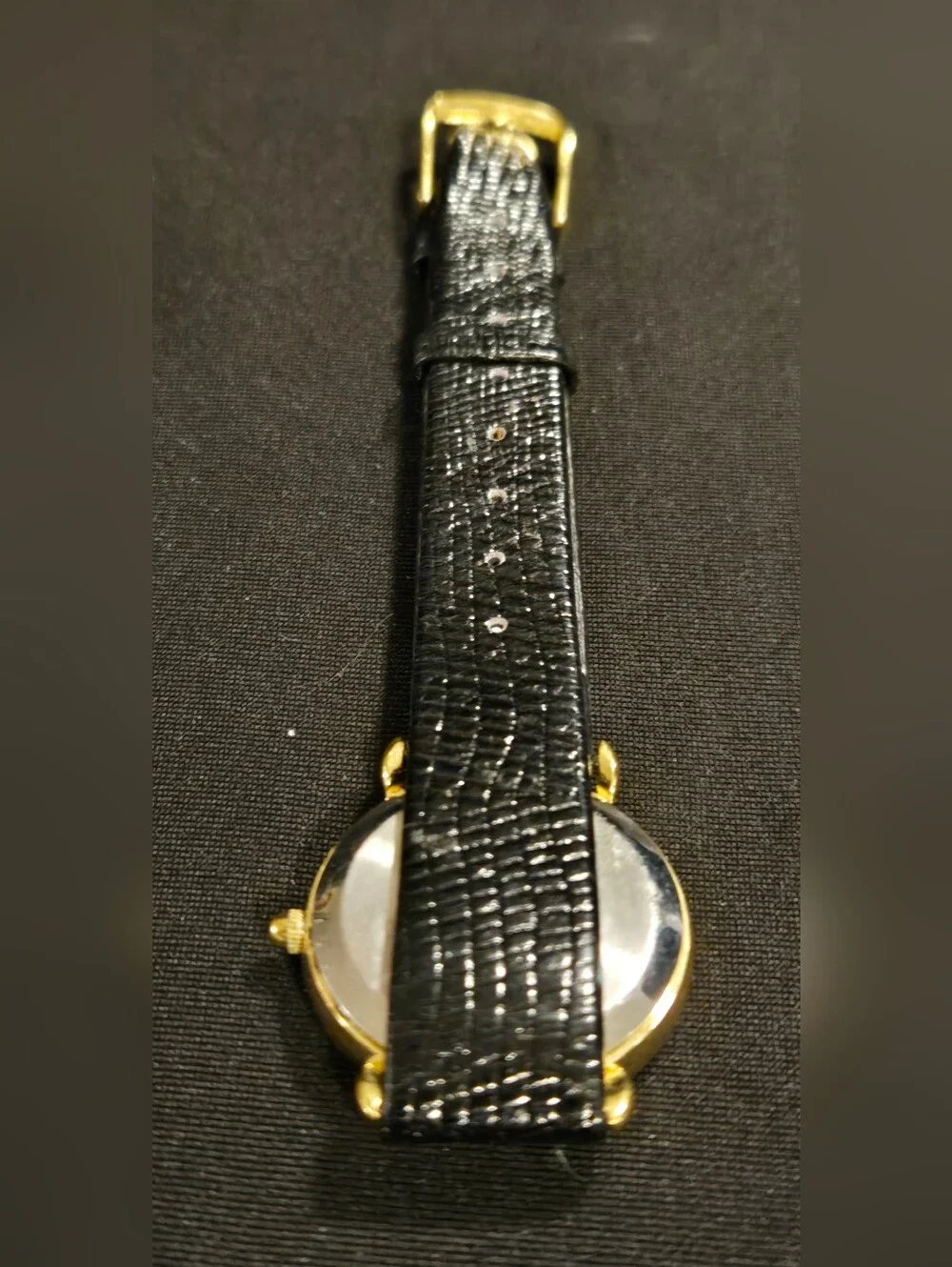 Anne Klein Gold and Black Leather Strap Watch with White Embossed Dial Untested